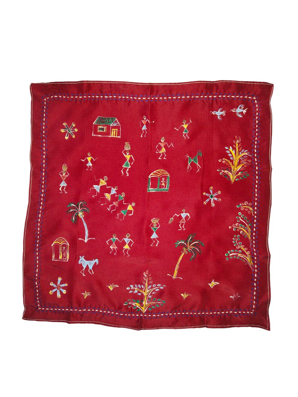 Handpainted Warli Art Pocket Square – Maroon with Sujni Border